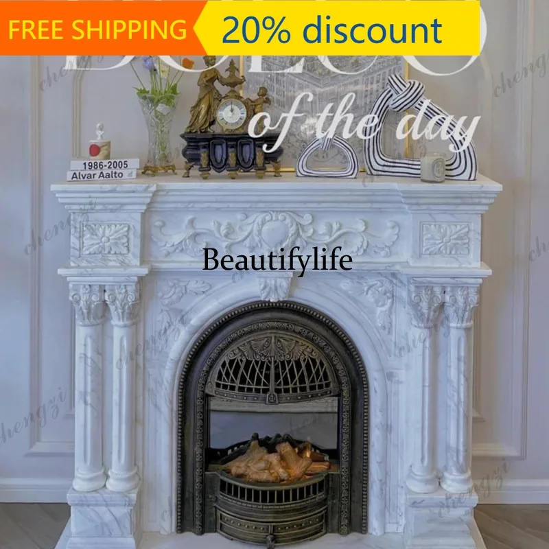 CC85 Marble fireplace Roman column French marble stone carving Jazz white living room stone fireplace