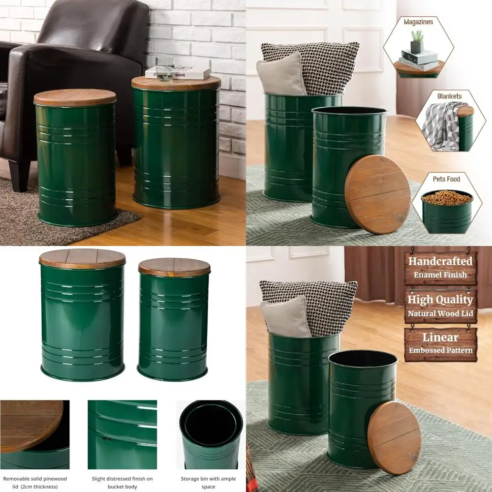 مجموعة طاولات متداخلة على طراز المزرعة، طاولات قهوة معدنية مستديرة مع مساحة تخزين، طاولات نهاية مميزة مكونة من قطعتين لغرفة المعيشة #1