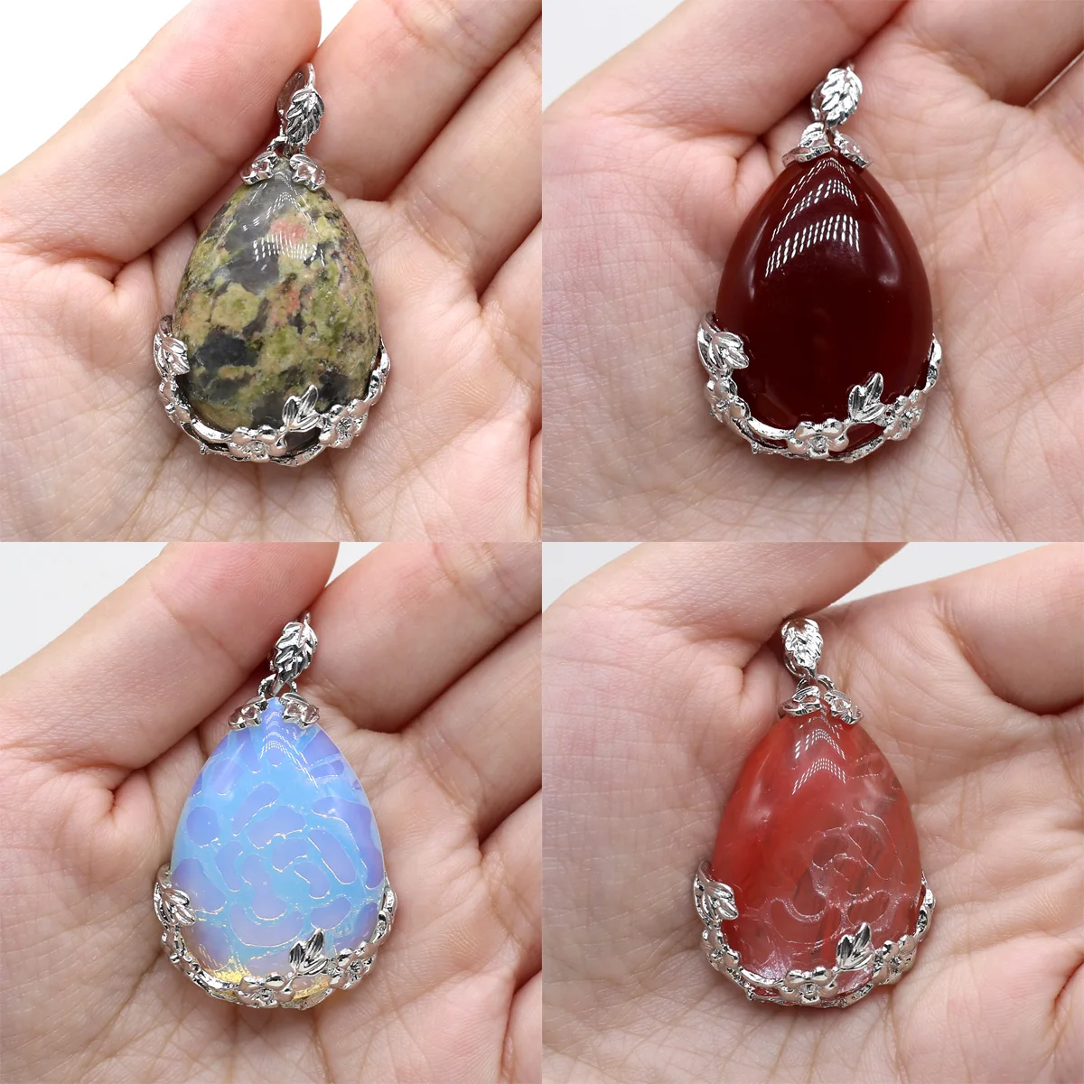 Exquisite Water Drop-Shaped Natural Stone Amethyst Agate Opal Inlaid Pendant DIY Jewelry Necklace Earrings Jewelry Gift