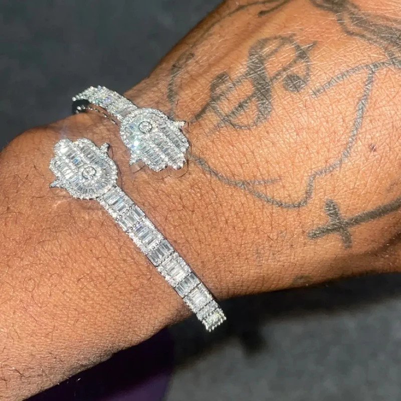 

Хип-хоп 3A+ CZ Stone Paved Bling Ice Out Fatima Hands Открытые браслеты-манжеты для мужчин и женщин Рэперские украшения Золото Серебро Цвет