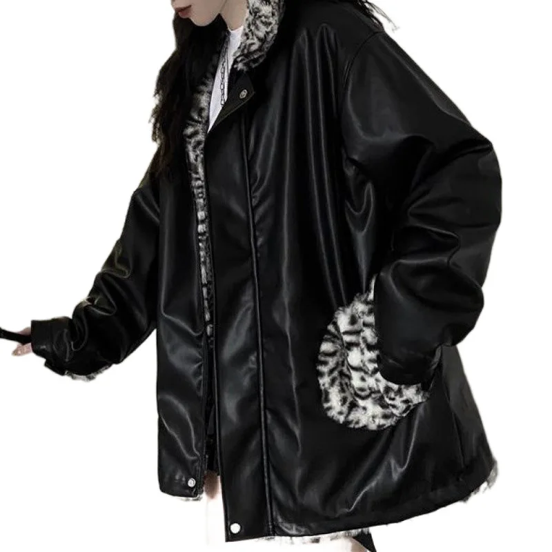 PU Leather Jacket Women's Winter 2024 New Hooded Motorcycle Coat Leopard Print Two-sided Thickened Cotton-padded Jacket