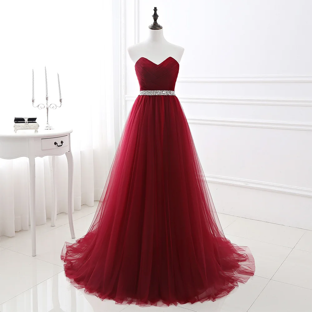 

Temperament A-Line Floor Length Strapless Tulle Sleeveless Crystal Pleats Evening Dress Fashion Photo Color vestidos de fiesta