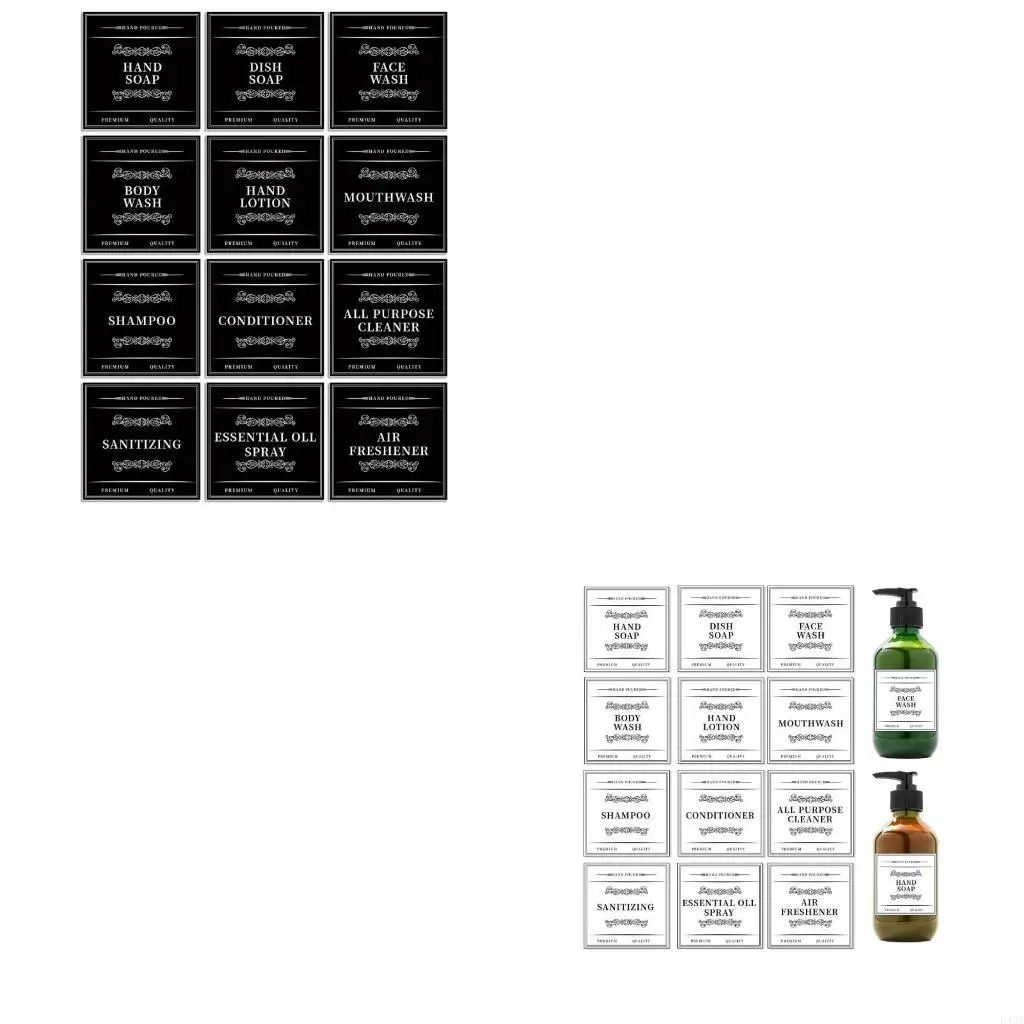 L43A 12Pcs Waterproof Bathroom Label Sticker for Easy Organization Adhesive Soap Mouthwash Dispenser Bottles Labels Set