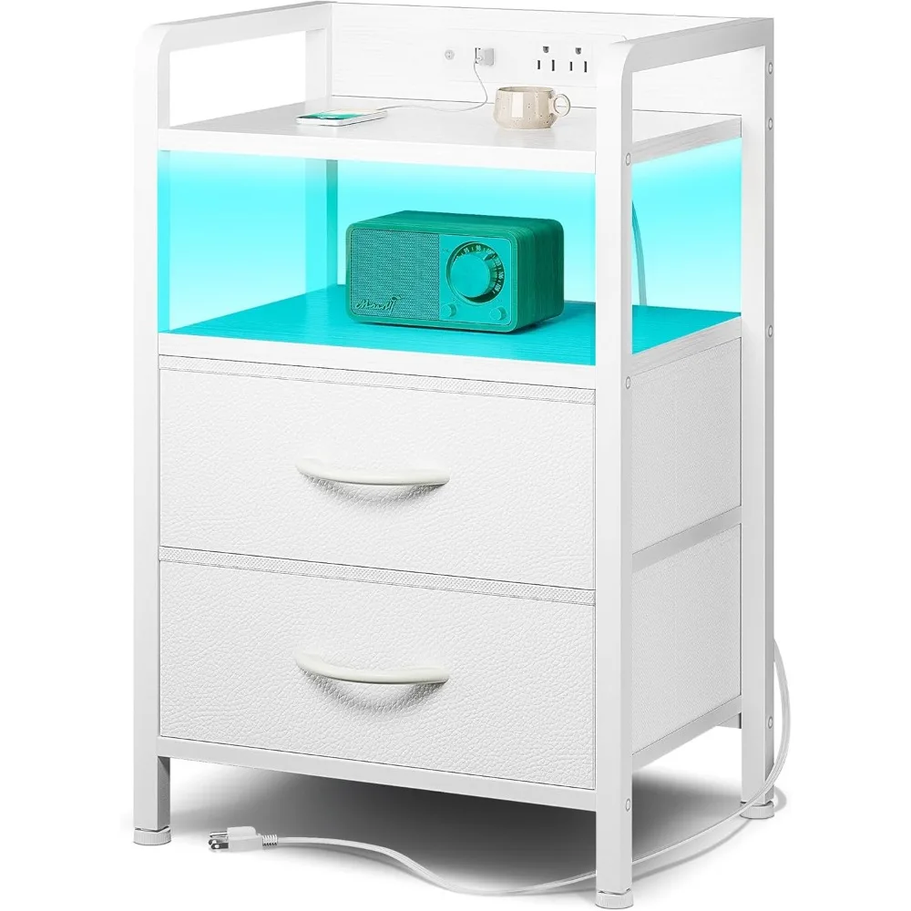 

Night Stand Bedside Table Bedroom - White Nightstand with Charging Station & LED Light Strip, Morden Bed Side End Table with Sto