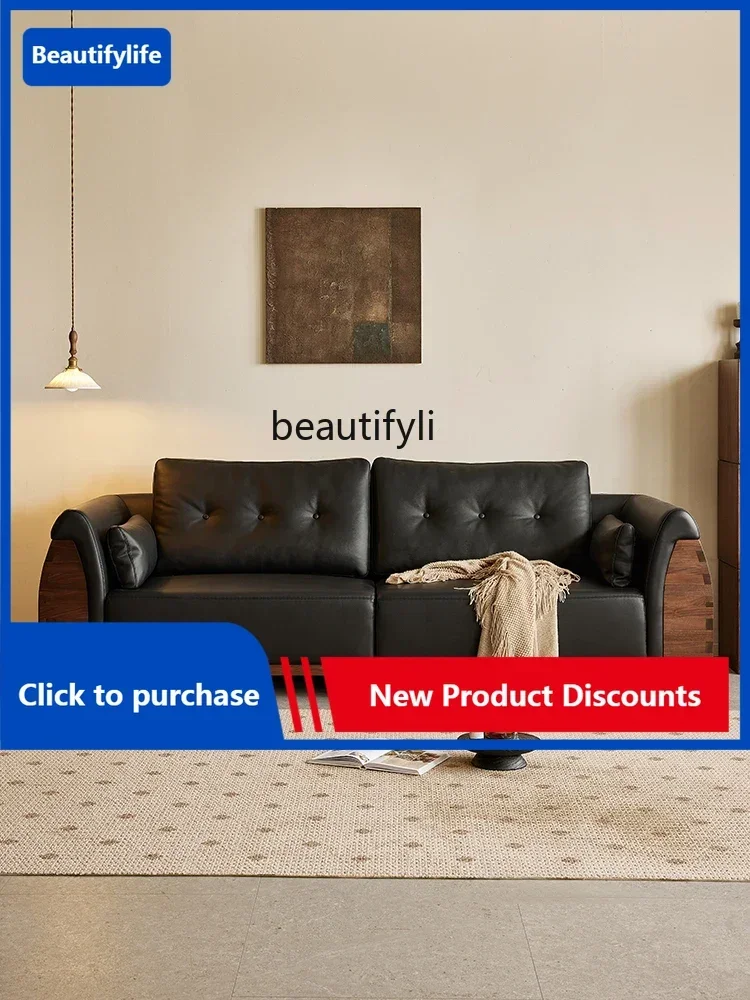 54North American Black Walnut Wooden Sofa Nordic Simple Leather Sofa Living Room Home Straight Row All Solid Wood Sofa