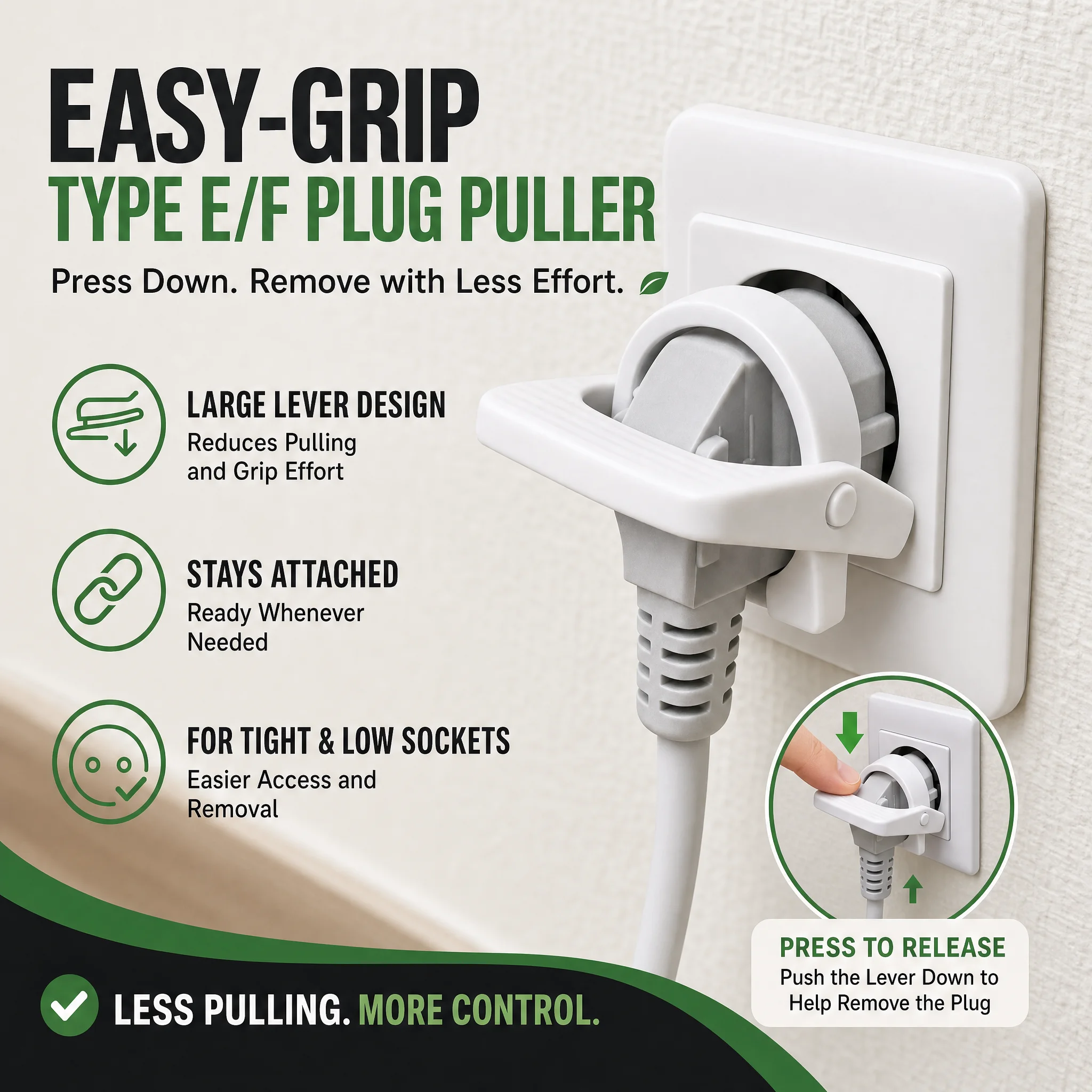 Easy-Grip European Type E/F Plug Puller, Reusable Hand- or Foot-Operated Power Plug Removal Tool for Tight and Hard-to-Reach Wal