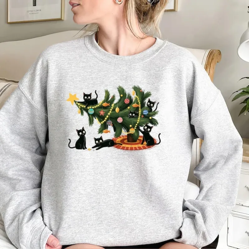 شجرة عيد الميلاد القط ملابس رياضية لطيف عاشق عيد الميلاد البلوز مضحك عطلة القمم القط أمي هدية عيد الميلاد القط مالك الشتاء الحراري هوديي