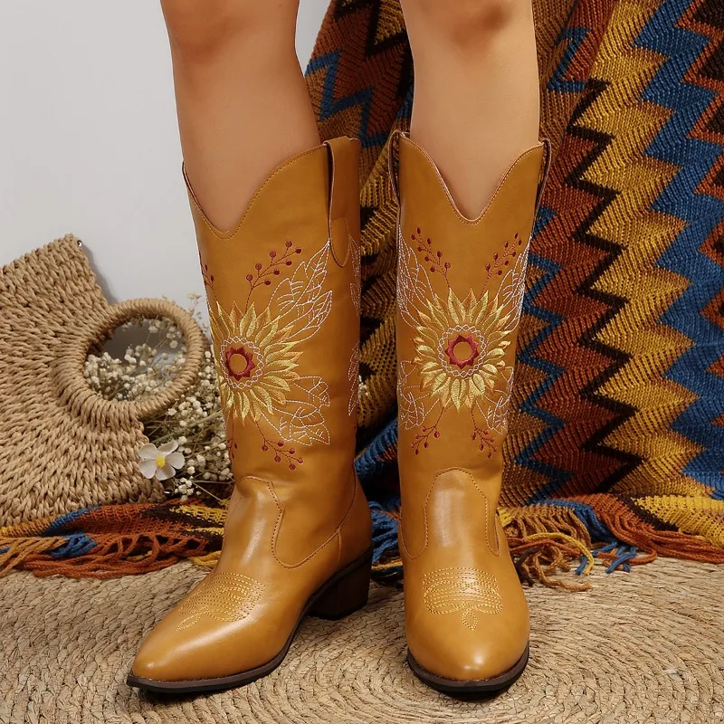 New Ladies Vintage Embroider Flower Mid-Calf Cowboy Boots Pointed Toe Chunky Heel Women's Cowgirl Boots Casual Party Woman Shoes