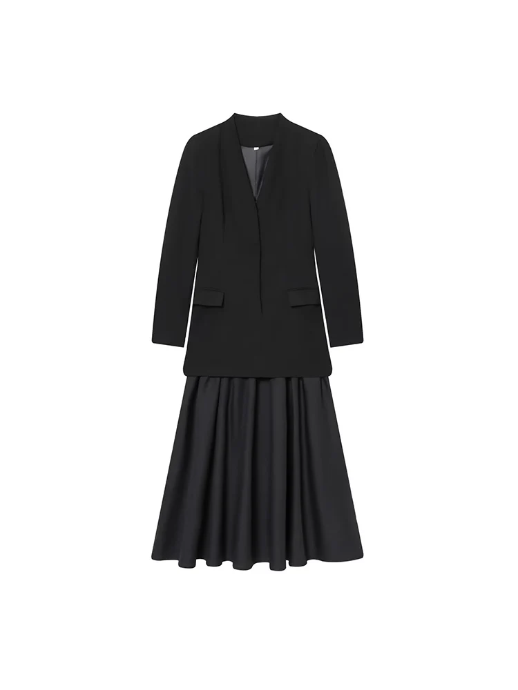 ヨーロッパ風の新しいレディースファッション、多用途でエレガントな無地Vネック長袖パッチワークスーツドレス