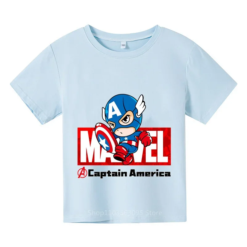 

2024 Summer Marvel Cap America Graphic Tee Boys Girls Cotton Casual Chic Short Sleeve Kids Clothing Trendy Outfit
