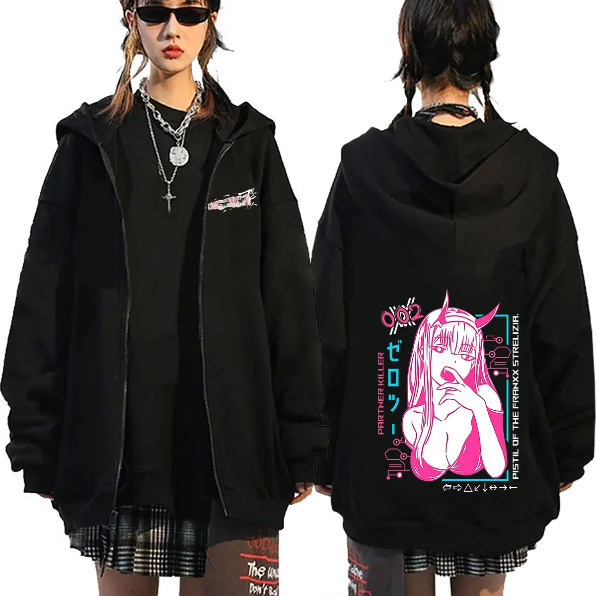 

Anime Darling in The Franxx Zero Two Graphic Zipper Hoodie Men Women 90s Manga Oversized Streetwear Male Vintage Zip Up Jacket