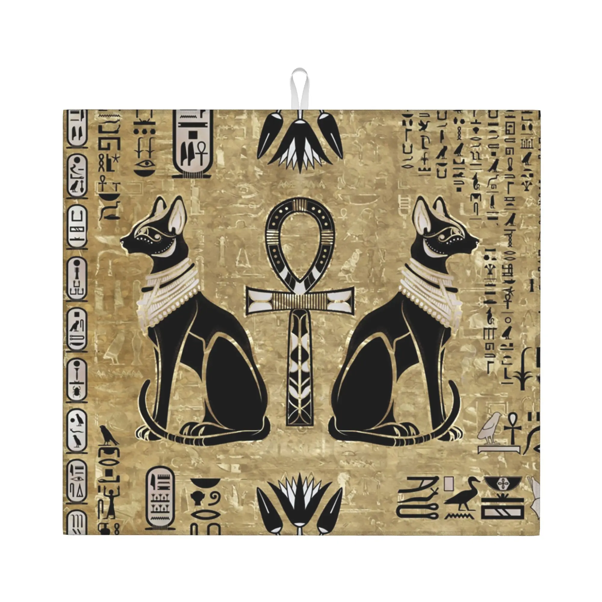 Drying Mat For Kitchen Bastet Barware Tableware Oil Proof Reusable Egyptian Cats And Ankh Cross Washable Kitchen Sink Drying Pad