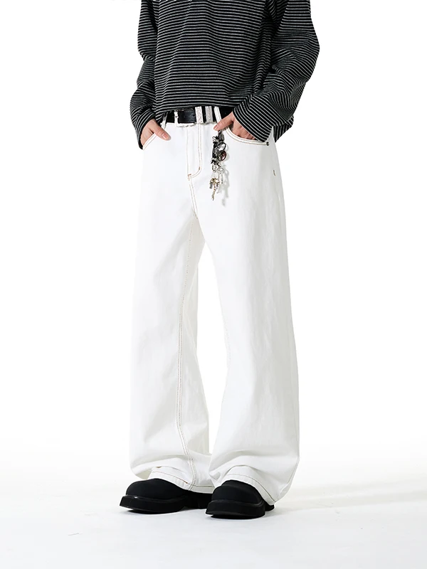 

TANGZ Studio American Retro White Wide Leg Men's Jeans Casual Loose Straight Cut Denim Pants mid Waist Button Closure Cotton