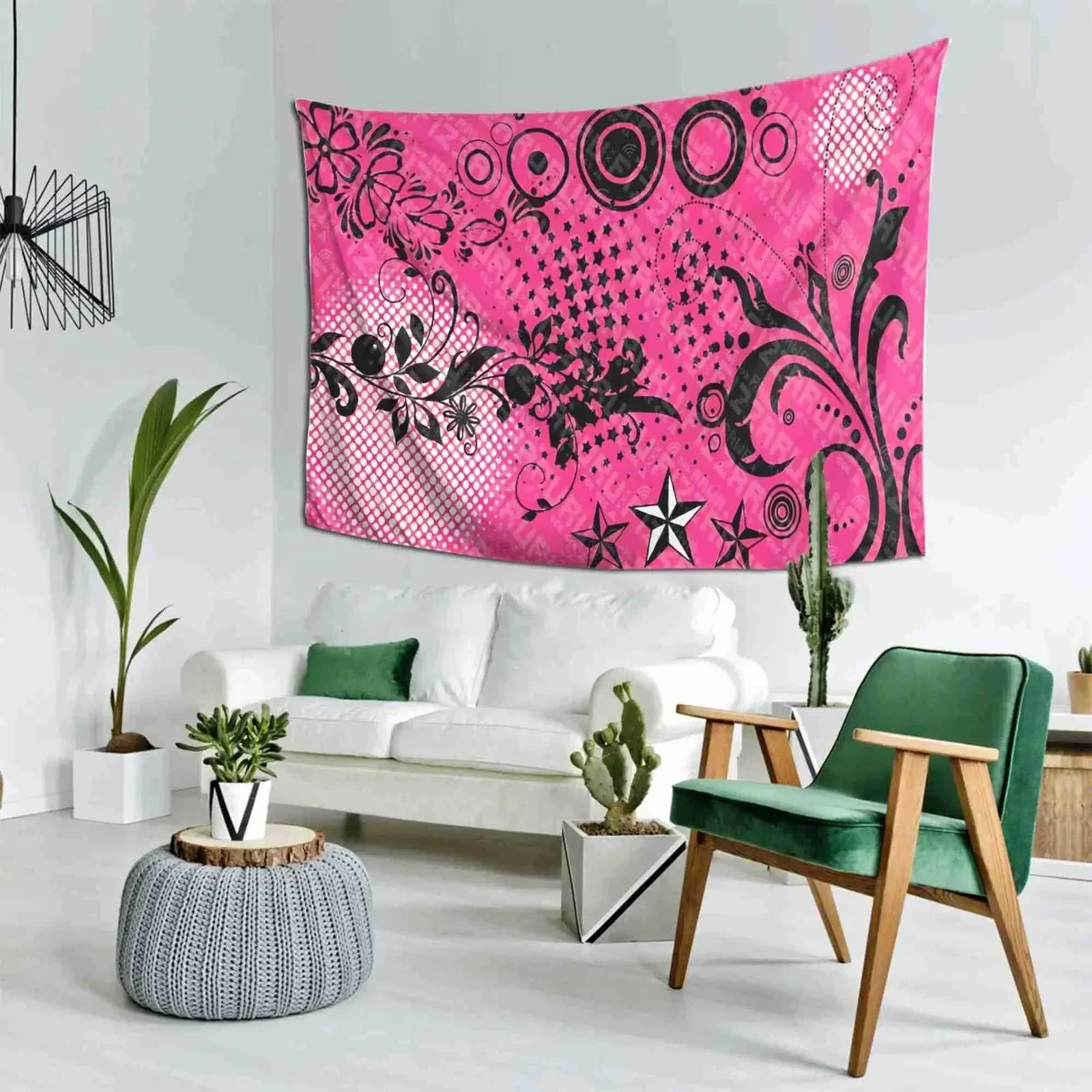 VIKAMA Y2K Millennium Style Black Pink Graffiti Tapestry Star Flower Wave Dot Printing Hanging Cloth Room Decoration X260819