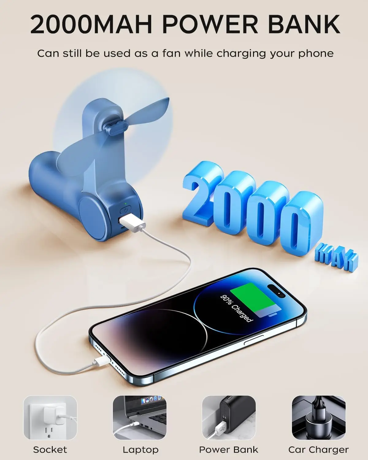 พัดลมมือถือแบบพกพาแบบชาร์จไฟได้, พัดลมพกพาขนาดเล็กแบบชาร์จ USB, แบตเตอรี่ 2000mAh พร้อม Power Bank, แบตเตอรี่ Li ยาวที่ได้รับการอัพเกรด