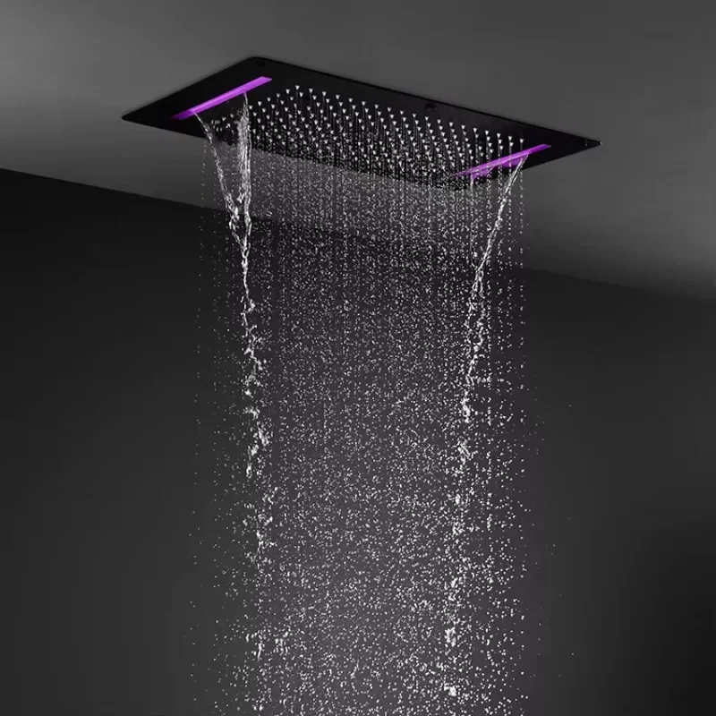 Luxury Bathroom Matte Black Embedded Ceiling 380*700mm LED Shower Multifunction Rainfall Waterfall Shower Head