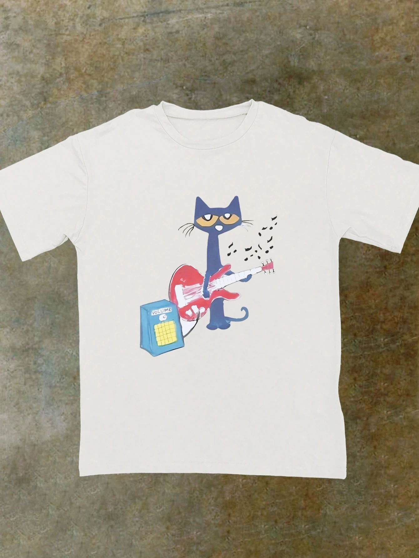 Camiseta holgada de manga corta con cuello redondo para hombre y mujer, camisetas informales con estampado gráfico de gato tocando la guitarra, verano