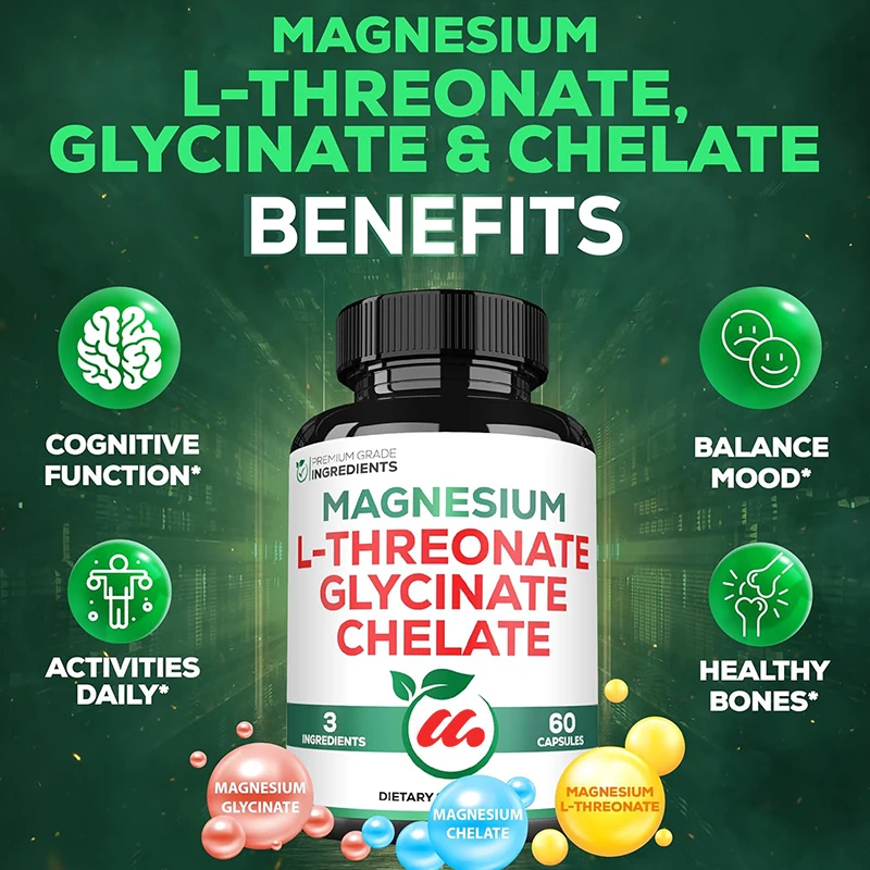 

1200mg 3-in-1 magnesium L-threonate supplement containing magnesium glycinate and magnesium chelates -60 vegetarian capsules