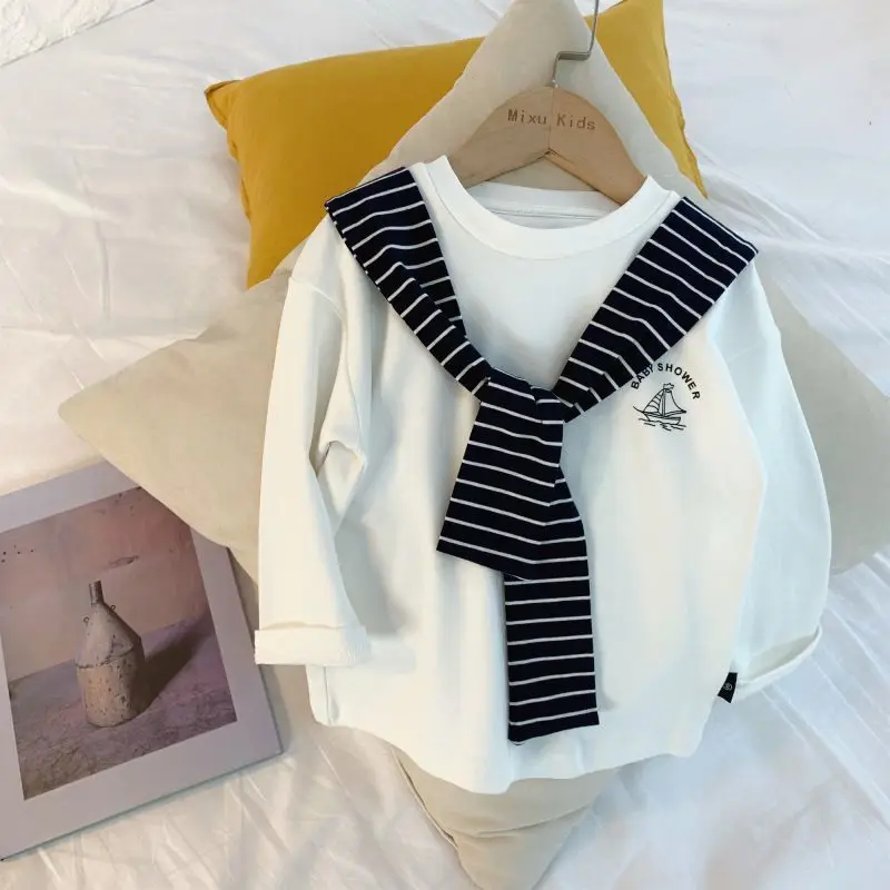 

Children's T-shirt 2023 New Spring and Autumn Girl Vacation Two Piece Top Boys' Long Sleeve Cotton Bottom Shirt