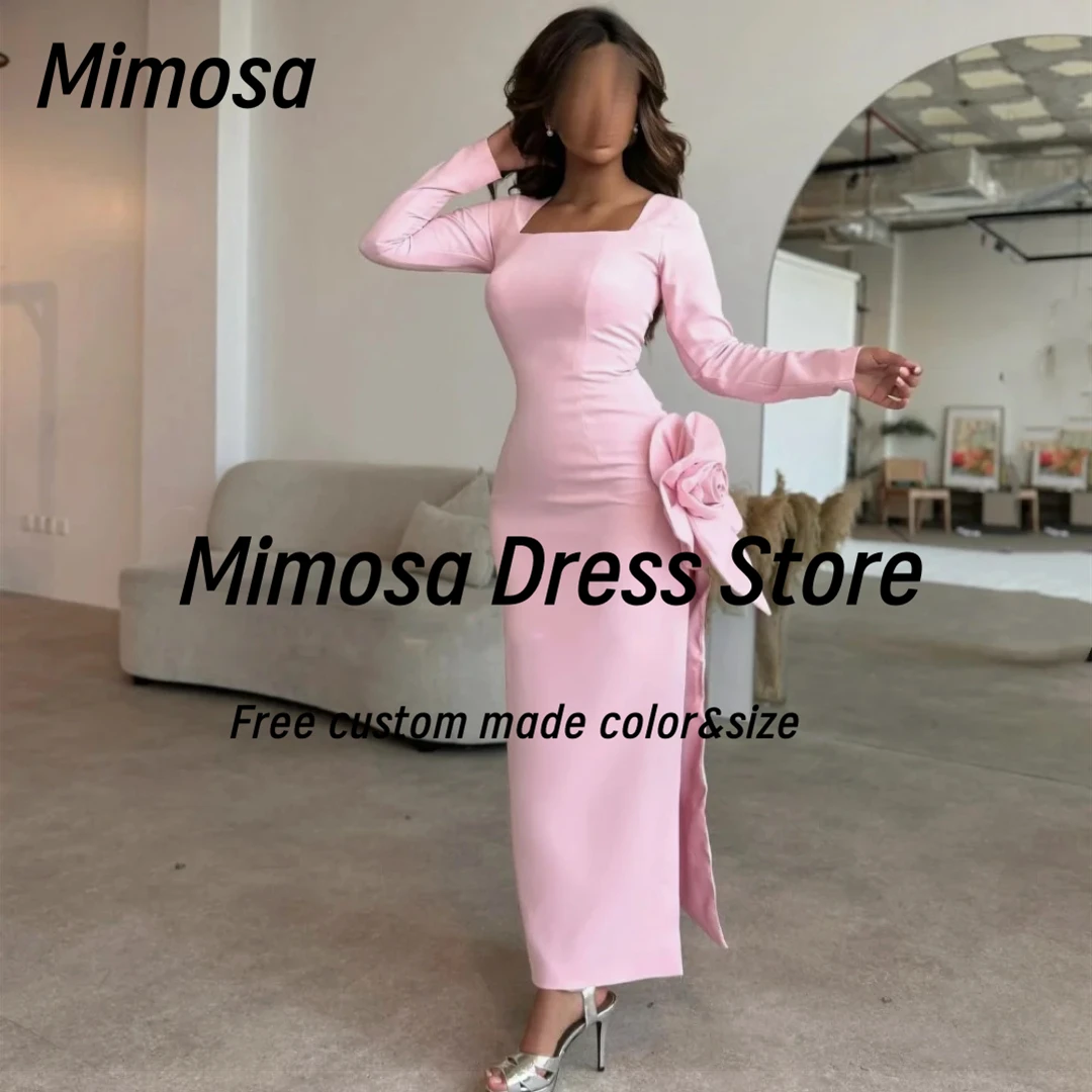 

Mimosa Pink Prom Dresses Square Neck Long Sleeves Evening Party Dress with Flower Side Slit Robes De Soirée Customized