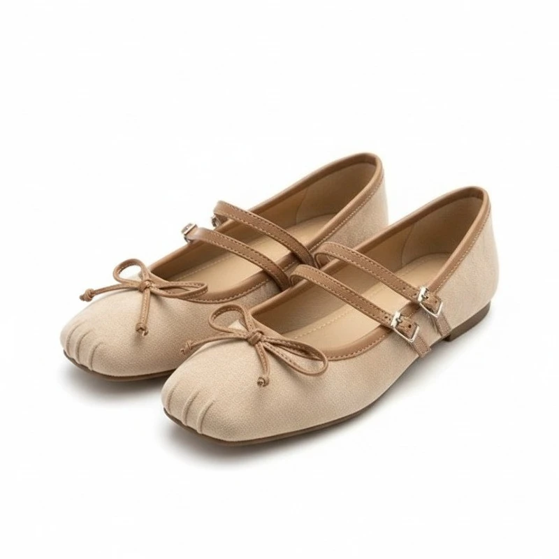 フランス風メリージェーンフラットシューズ-レディース-レトロ-スエード-バレエシューズ-リボンバックル付き-快適なソフトソール-スクエアトゥ-バレリーナシューズ