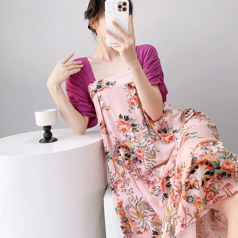 

Новая хлопково-шелковая ночная сорочка в национальном стиле для женщин, новая китайская пижама с квадратным вырезом и шнуровкой, с коротким рукавом, можно носить на выход