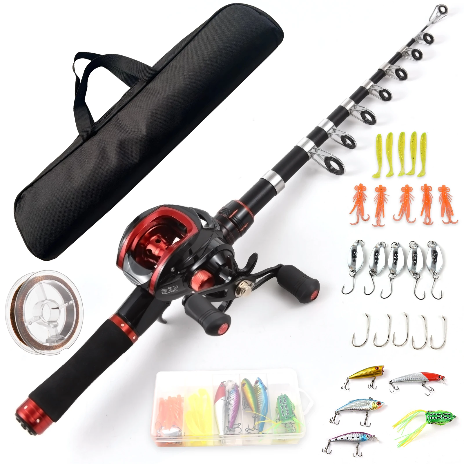 

Fishing Rod and Reel Combo 2.1m Telescopic Fishing Rod with Left Hand Baitcasting Reel