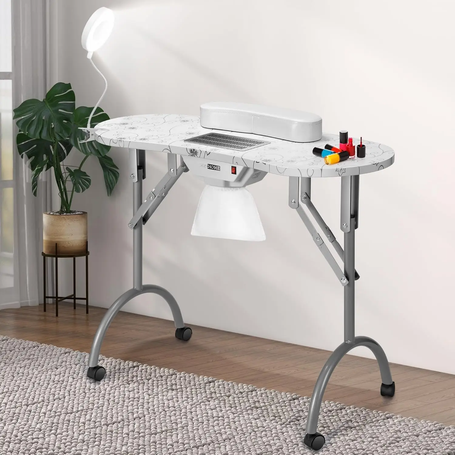 Portable Manicure Nail Table on Wheels with Built-in Dust Collector, Updated USB-Plug LED Table Lamp, Carry Bag