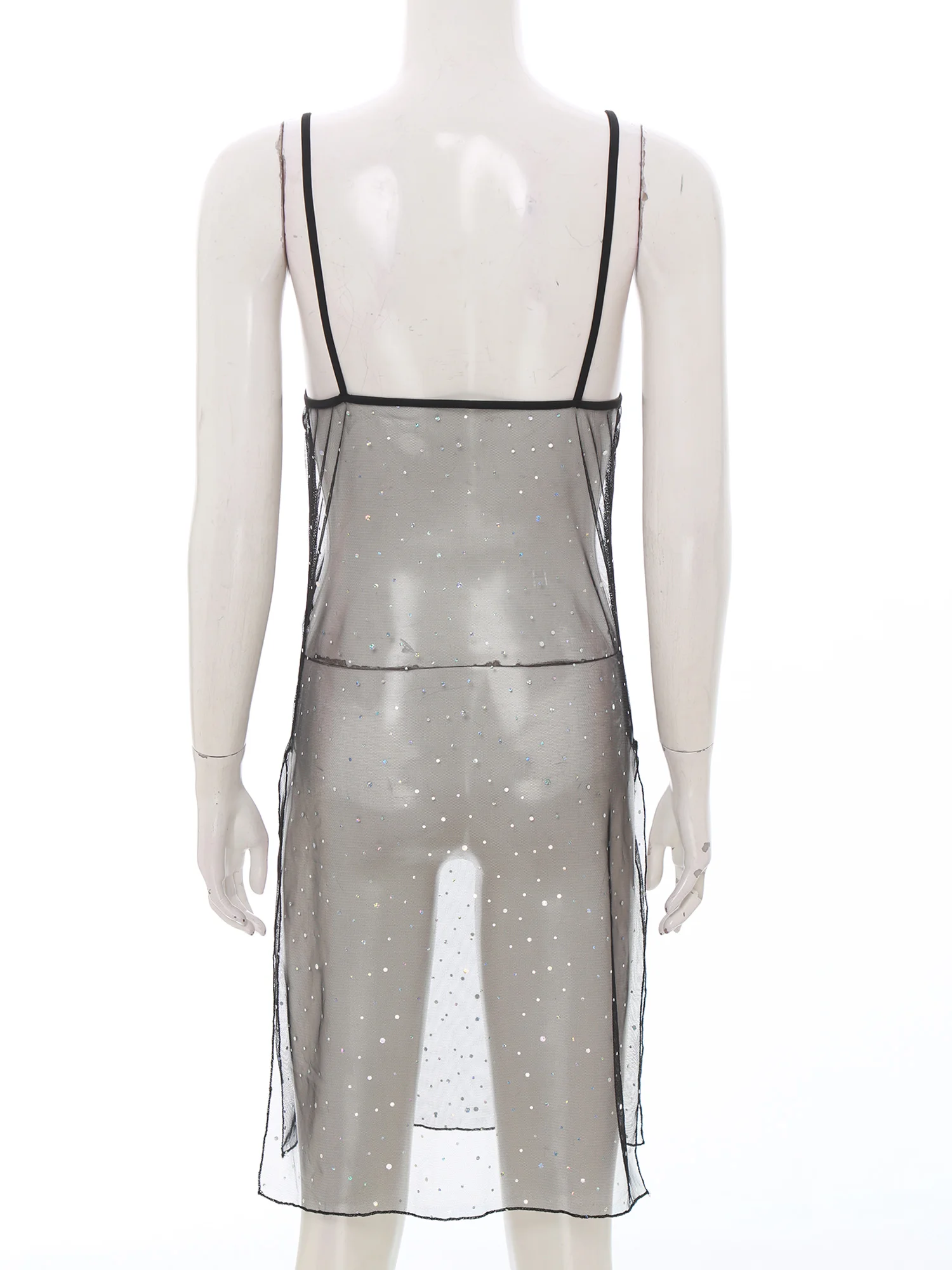 여성용 반짝이는 스팽글 시스루 메쉬 슬링 드레스 사이드 하이 슬릿 미디 드레스 비키니 수영복 커버업 드레스