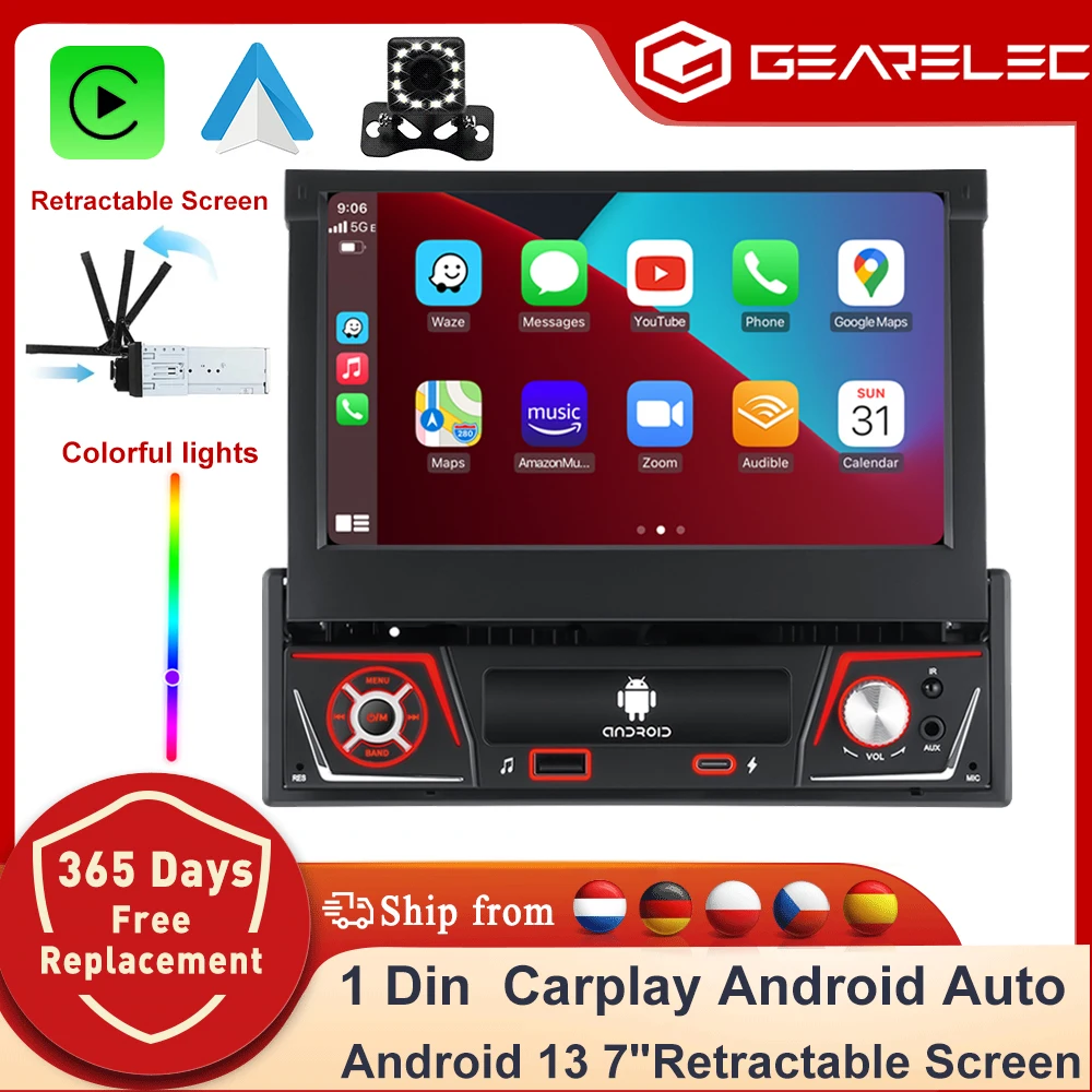1 din autoradio Android Carplay Auto universel 7 "IPS écran rétractable navigation gps 1Din Android 12 lecteur vidéo multimédia