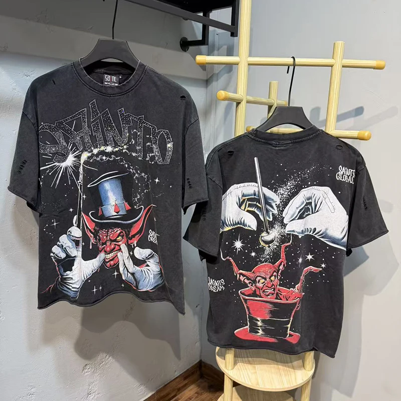 Saint T-Shirt Retro Destroyed Black Rhinestone Logo Magician Pattern Loose Street Short Sleeve Men