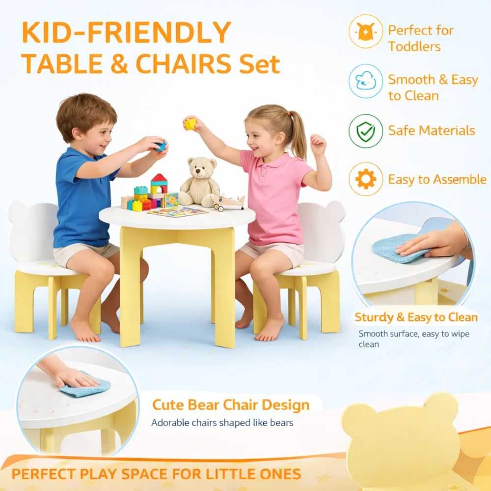Orraves Kids Table and Chair Set, 3-Piece Toddler Table with 2 Chairs, Cute Bear-Back Chairs, Sturdy Wooden Activity Table Set for Kids, Playroom, Bedroom, Preschool image 3