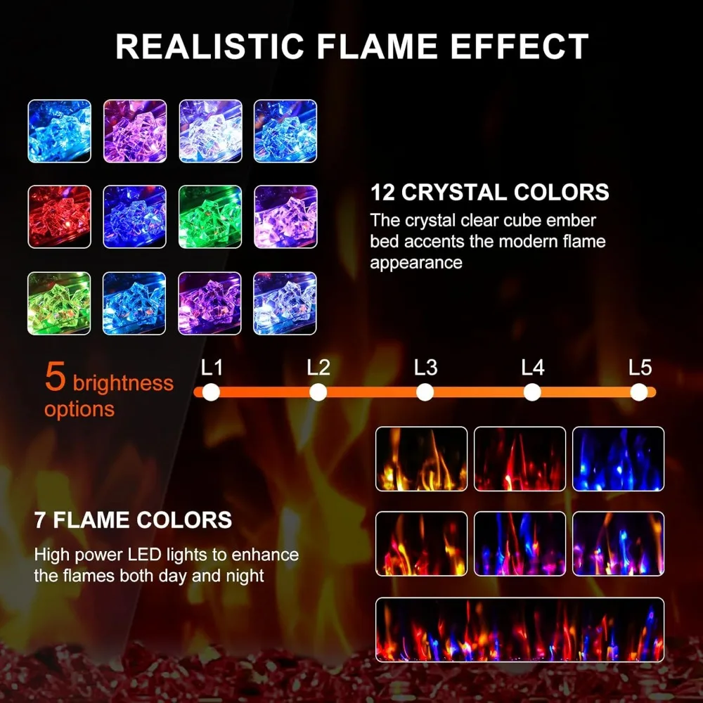 Narrow Bezel Linear Electric Fireplace - ETL Certified, Wall-Mounted, High Definition Flame, Crystals, Remote and Touch Controls