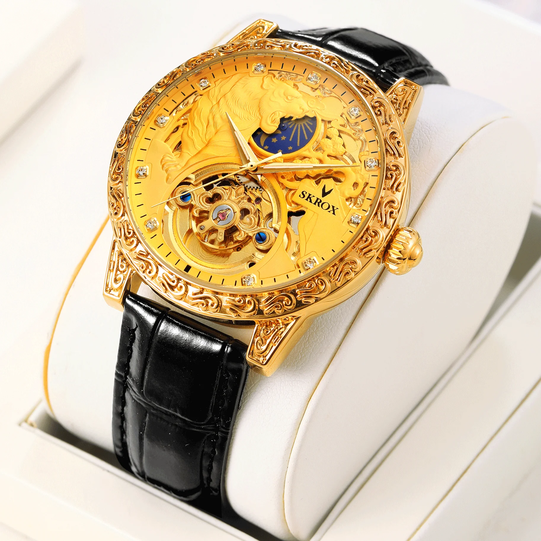 

SKROX Original Gold Tiger Diamond Specials Men Watch 2024 Moon Phase Tourbillon Automatic Mechanical Skeleton Luxury Male Clock