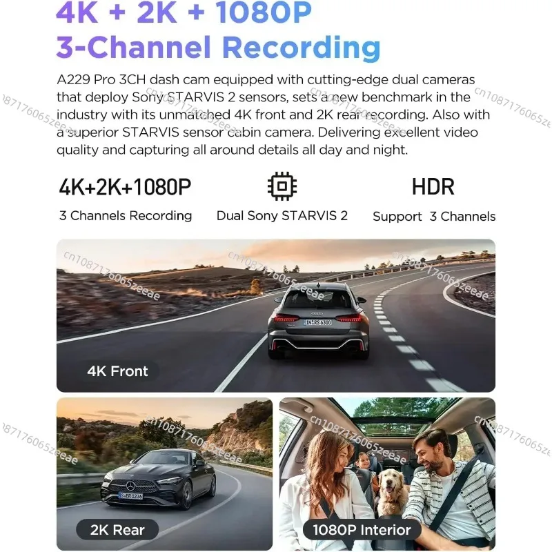 A229 Pro 3 Channel 4K HDR Dash Cam Dual STARVIS 2 Sensors IMX678 & IMX675, Rear Triple Car Camera Voice Control