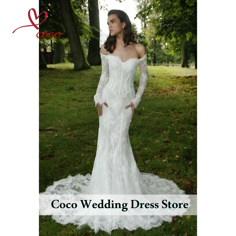 فساتين زفاف دانتيل أنيقة مكشوفة الكتفين مخصصة بدون حمالات حورية البحر زي العرائس كم طويل ثوب زفاف رداء de mariée #1
