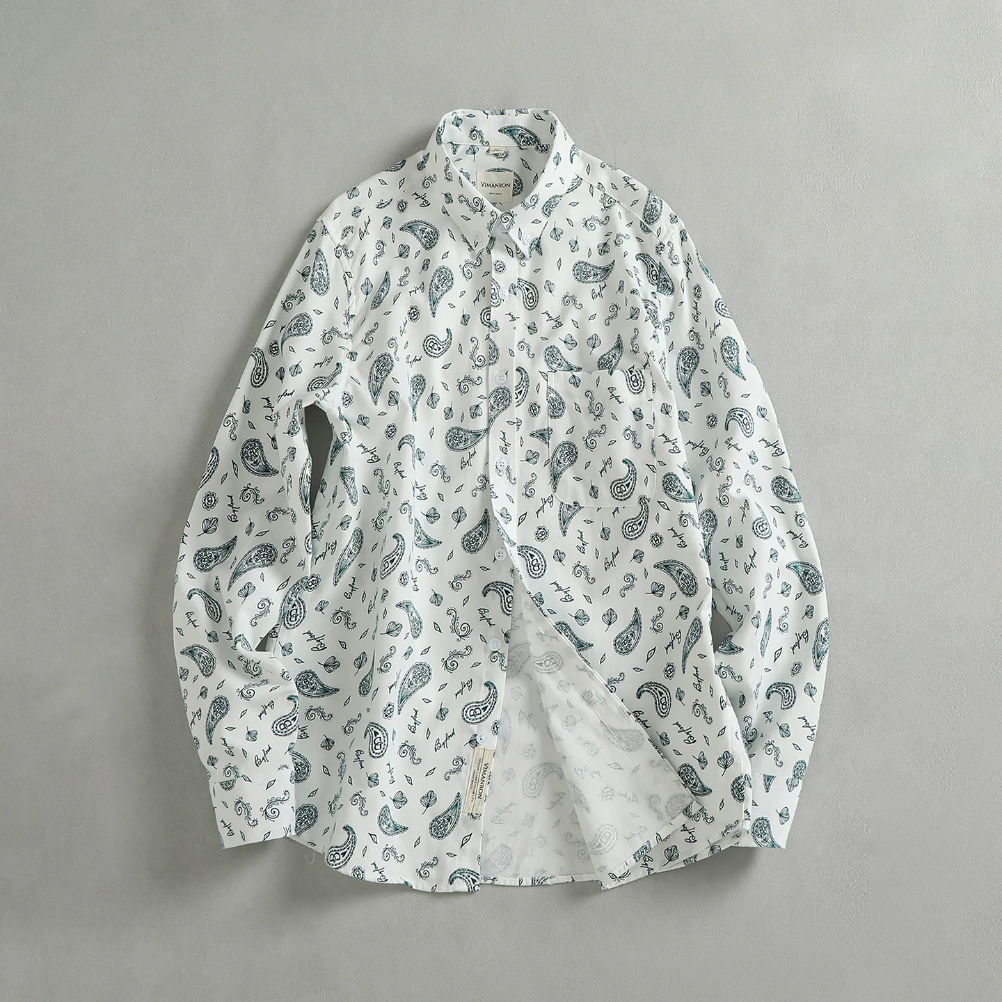 Fashionable Cashew Flower Oxford Spun Cotton Washed Men's Shirt Long Sleeve Simple Pocket Design Loose and Comfortable Shirt