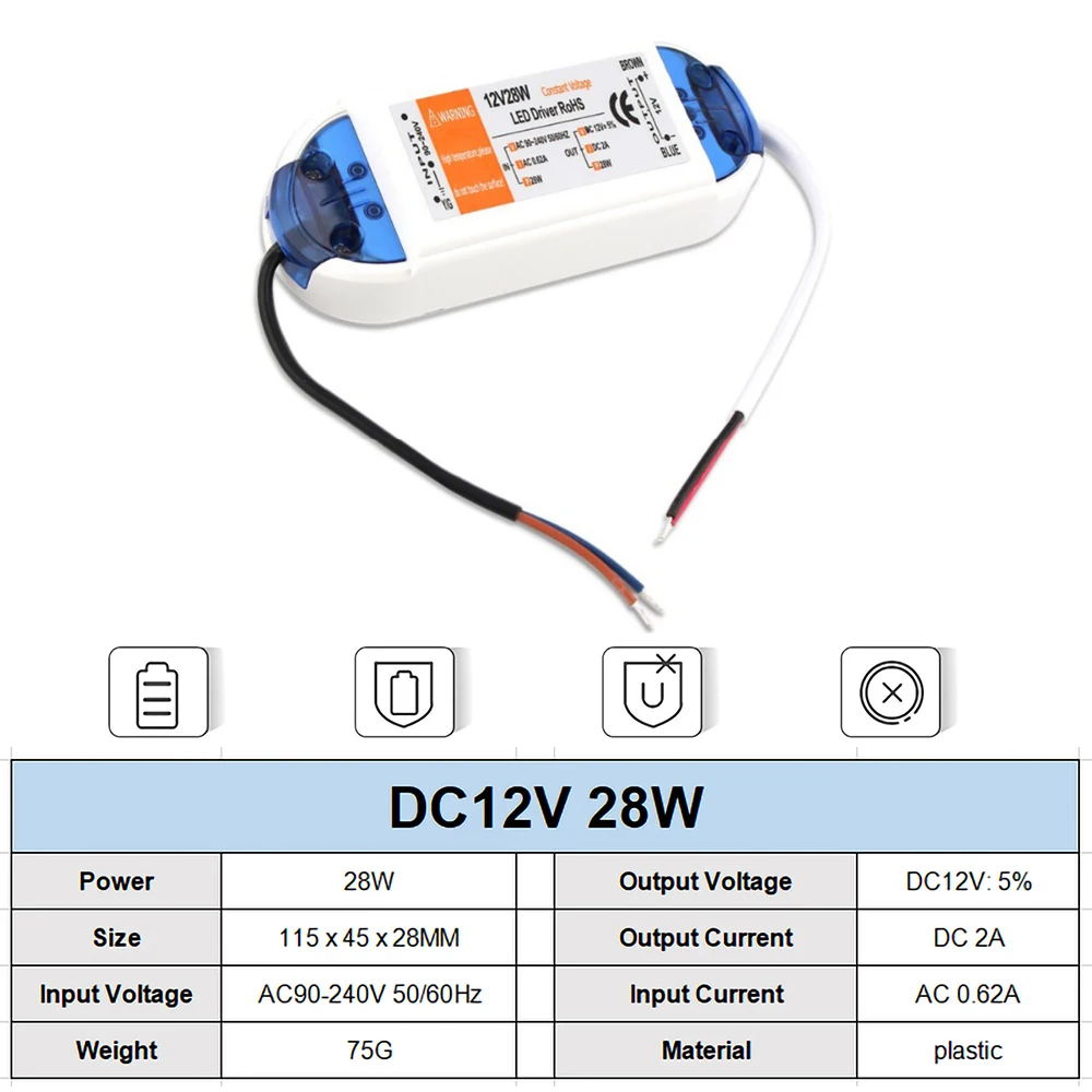 Corrente constante de grande tensão LED Driver, AC 90-240V, 18W, 28W, 48W, 72W, 100W, protegido Fonte de alimentação, DC 12V Adaptador