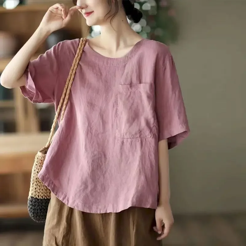 Cotton Linen T Shirts Women Fashion Design Solid Color Vintage T-shirt Casual Loose O-neck Short Sleeve Tops Summer Thin Tshirt