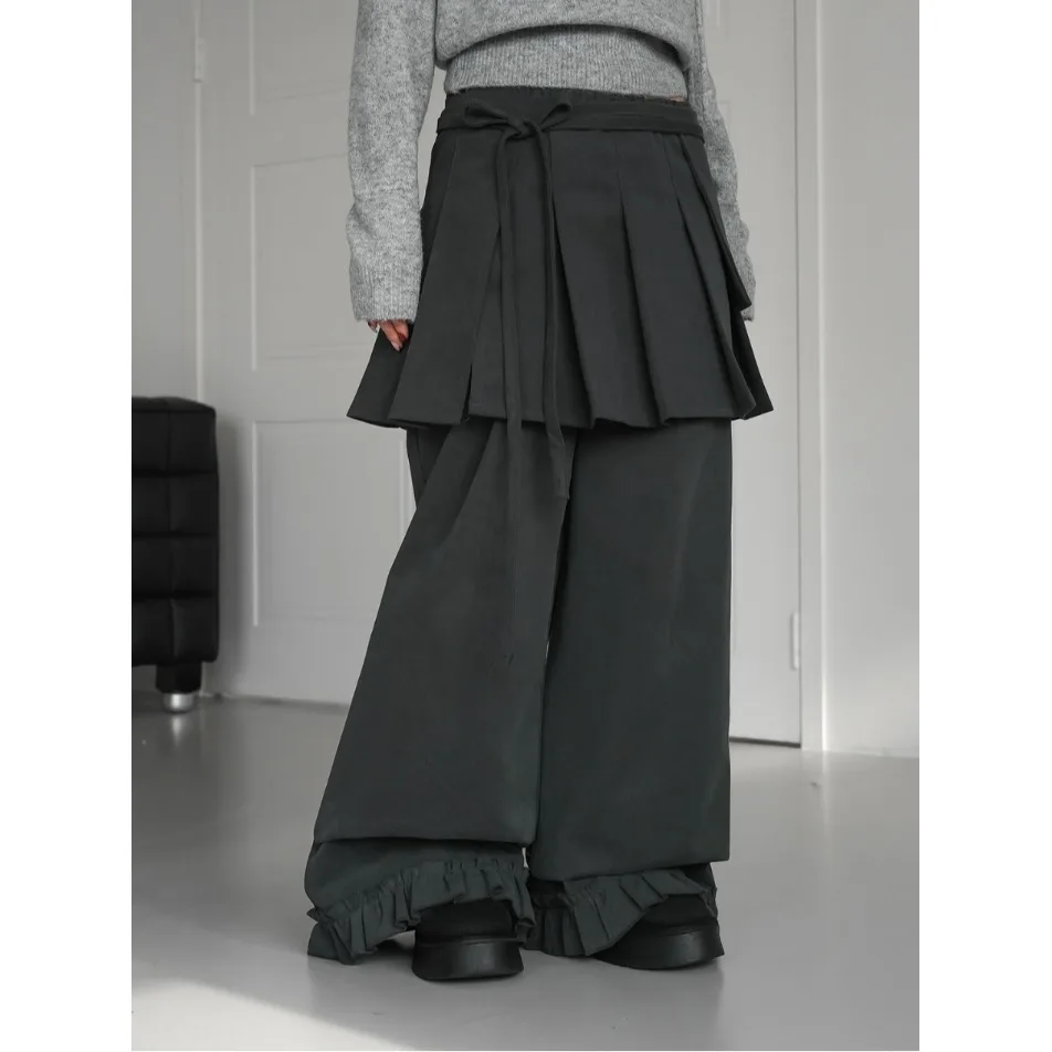 Spring Summer 2026 Detachable INS Pleated Skirt with Belt Two-Piece Set Lace Trim Color Long Pants Short Skirt Trendy