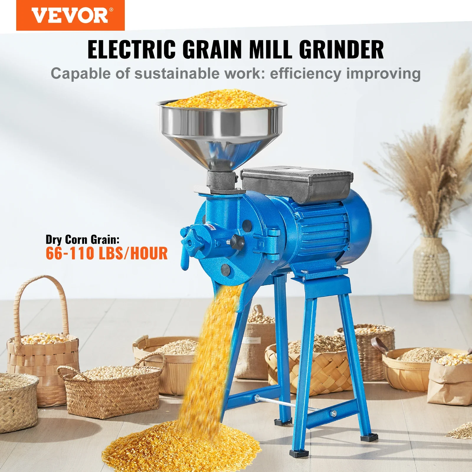 VEVOR Electric Grain Mill Grinder,1500W Spice Grinder,Commercial Corn Mill w/Funnel,Thickness Adjustable Powder Machine,Dry,Wet