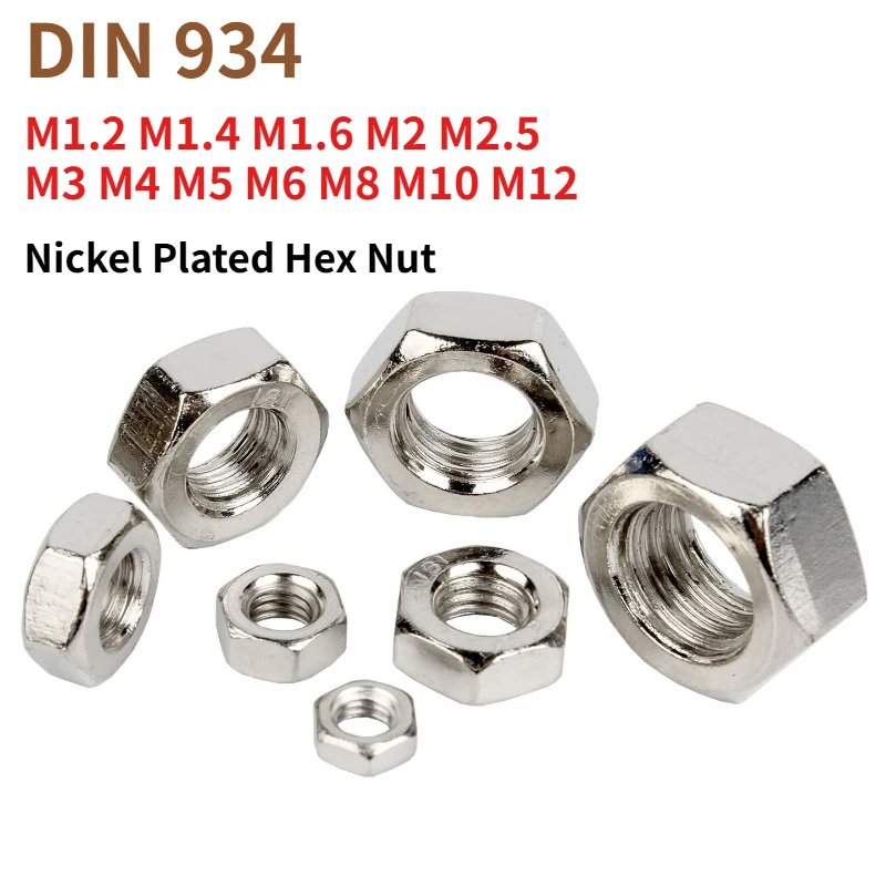 Nickel Plated Hex Nut DIN934, Carbon Steel Nickel‑Plated Metric Hexagon Nut, Bright Anti‑Corrosion Fastener M1.2‑M12