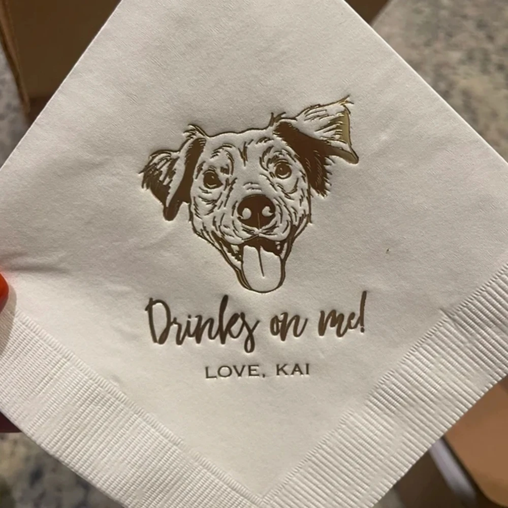 Drinks On Me !, 50Pcs Custom Illustrated Dog Wedding Napkins, Pet Wedding Napkins,Bridal Shower, Engagement Party, Bar Napkins