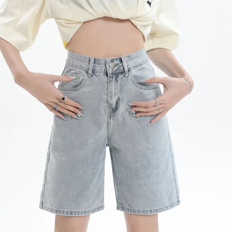 

Brand Clothing 2026 Summer High Waist Denim Shorts for Women Light Blue Straight Leg Loose Jeans Y2K Vintage Casual Beach Shorts