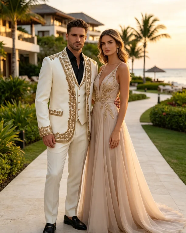 Luxuly Embroidered Formal Groom Wedding Tuxedos Customized Slim Fit Peak Lapel 2 Pieces Sets Male Prom Blazers Costume Homme