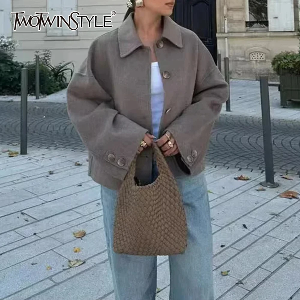

TWOTWINSTYLE Loose French Casual Jacket for Women Lapel Long Sleeve Spliced Single Breasted Autumn Basics Minimalist Coat Female