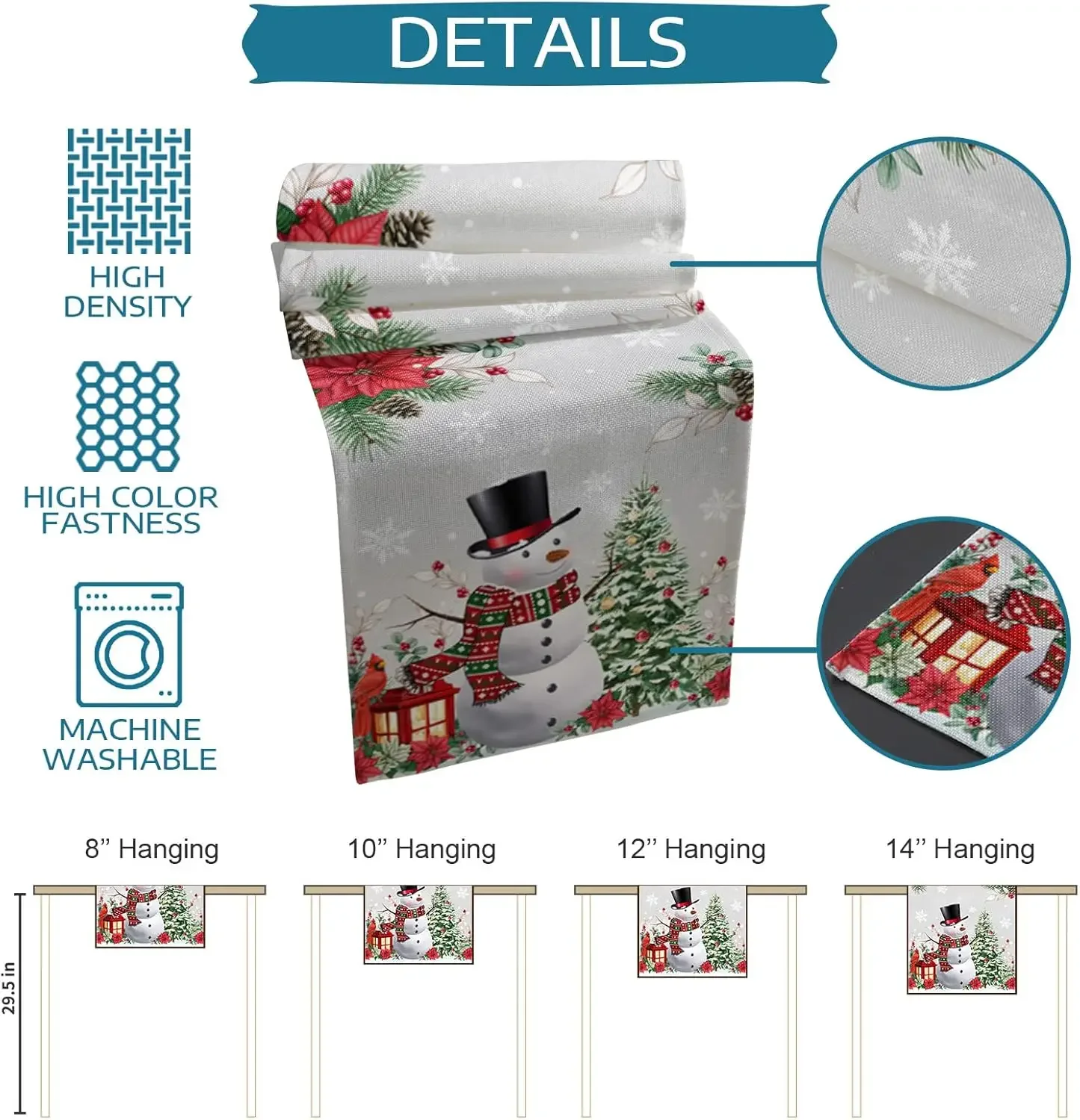 Christmas Snowman Tree Snowflake Poinsettia Grey Linen table runners Room decor washable table runners Christmas decorations