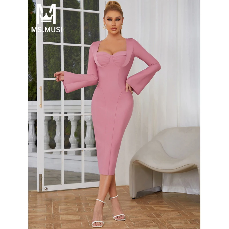 

MSMUSI 2024 New Fashion Women Sexy Solid Corset Fold Flare Long Sleeve Bandage Bodycon Party Club Event Slim Midi Dress Vestidos