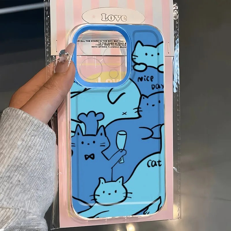 Blue Line Ins Cat Clear Space Phone Case For Oppo F11 Find X5 Reno 6 7Z 8T 10 11 12 Realme 9 C30 C53 C63 Pro Plus 5G Transparent