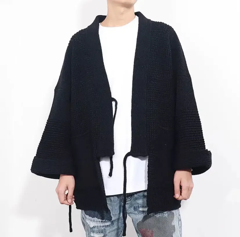 2025 Vintage Hirata Hiroshi Japan National Style Loose Casual Men's Sweaters Thick Black Cardigans Taoist Robes Coats